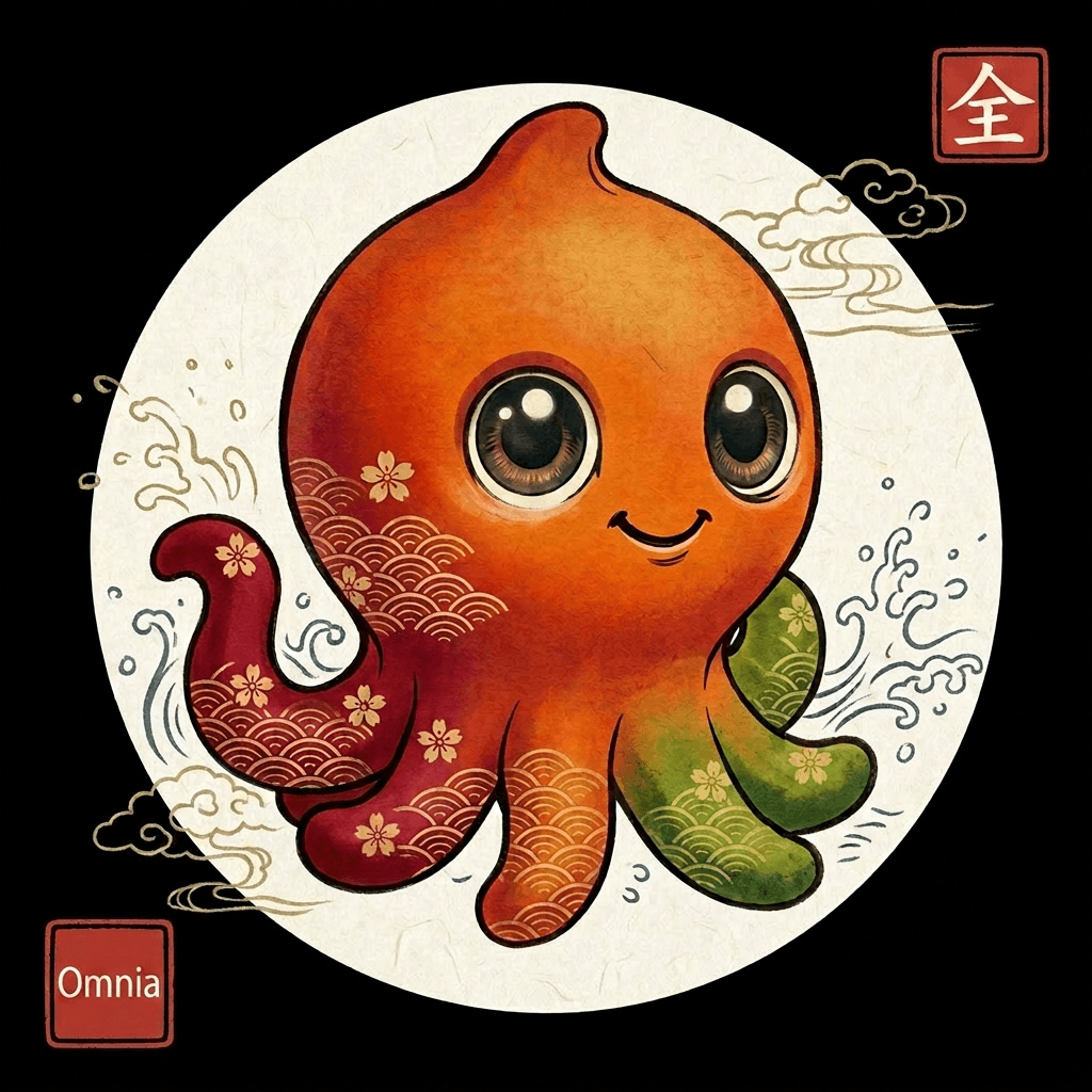 Omnia, the kawaii octopus mascot of CambrianEdge.ai — red and green tentacles with seigaiha wave patterns