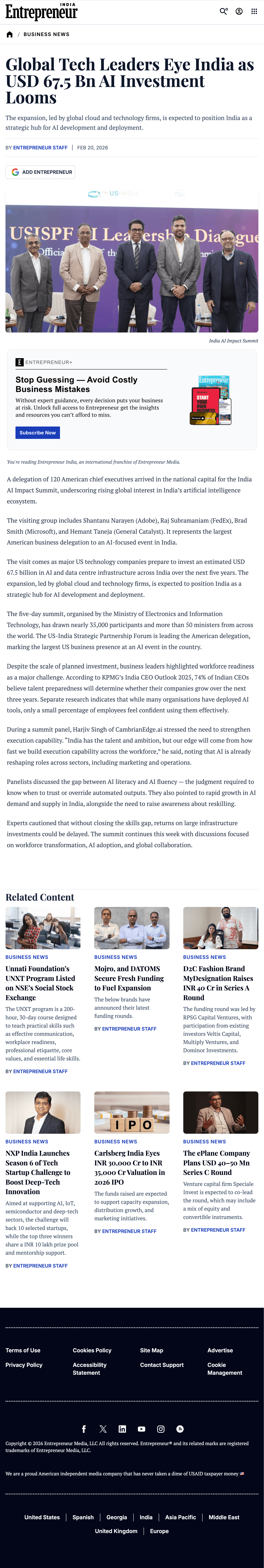 Global Tech Leaders Eye India as USD 67.5 Bn AI Investment Looms