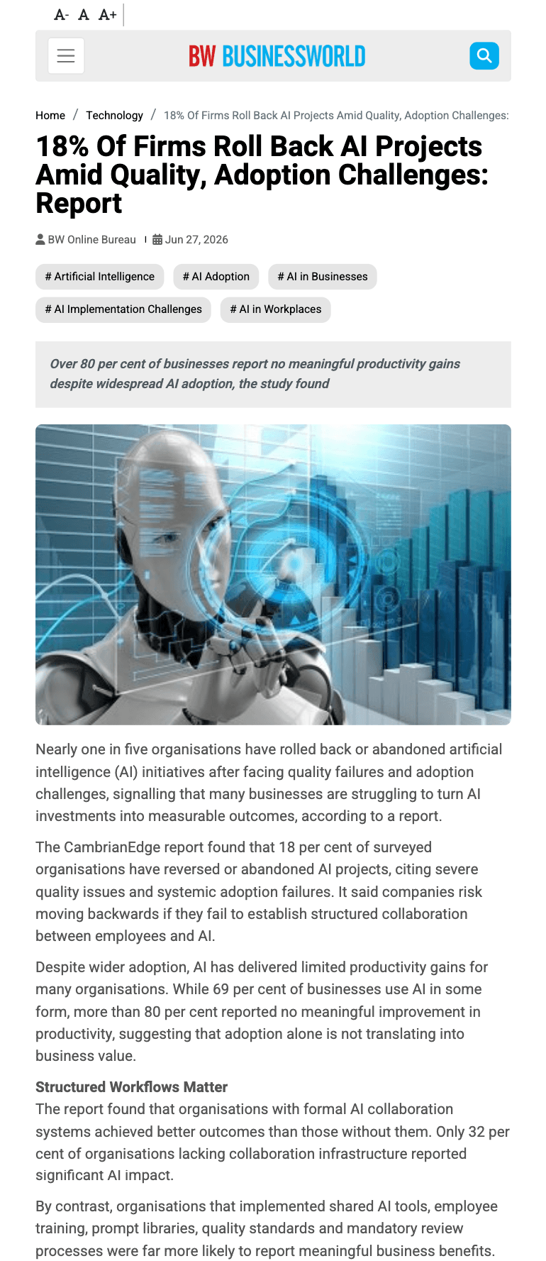 18% Of Firms Roll Back AI Projects Amid Quality, Adoption Challenges: Report 18% Of Firms Roll Back AI Projects Amid Quality, Adoption Challenges: Report