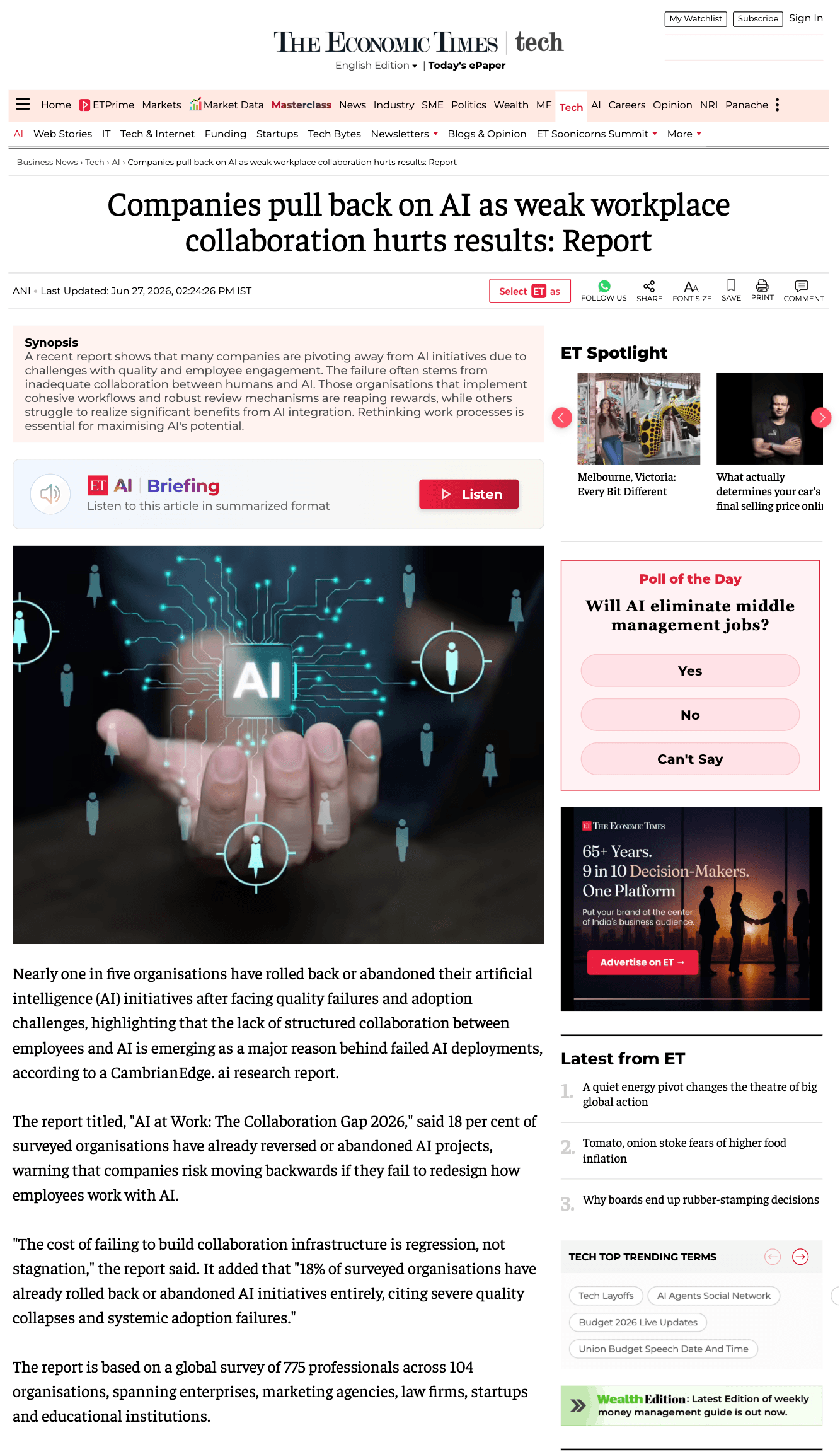 Companies pull back on AI as weak workplace collaboration hurts results: Report